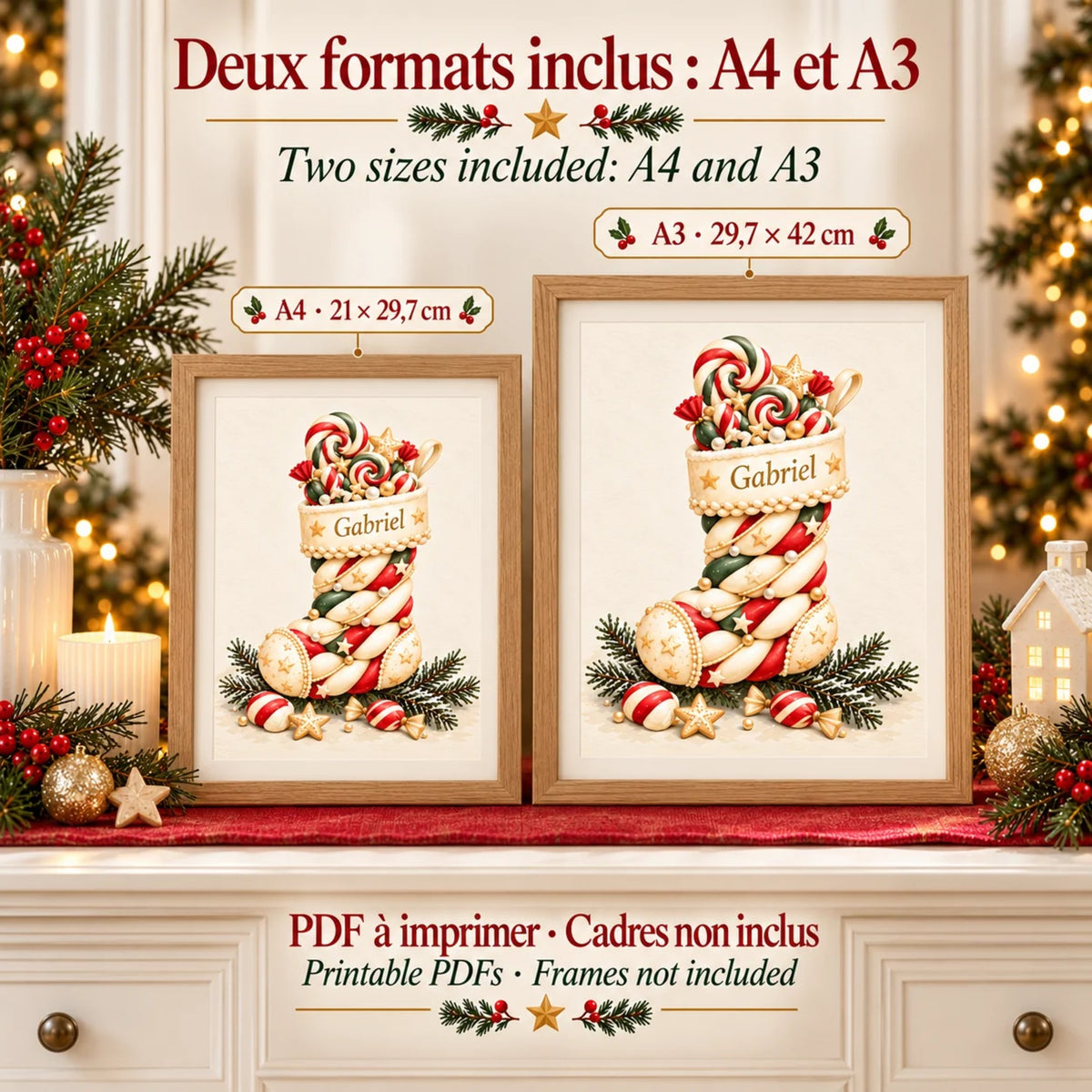 Affiche de Noël à imprimer : chaussette au prénom en formats A4 21 x 29,7 cm et A3 29,7 x 42 cm