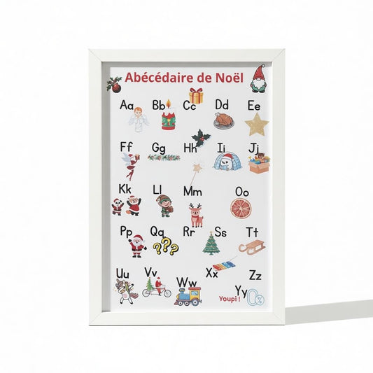 Affiche alphabet français de Noël pour enfants, illustrée lettre par lettre