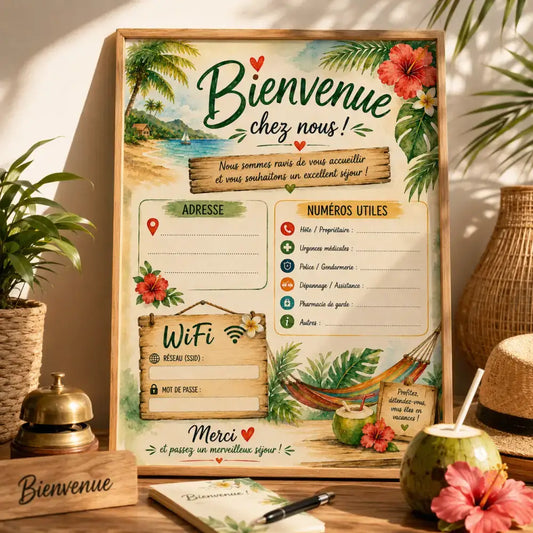Affiche daccueil tropicale ff avec palmiers fleurs dhibiscus et hamac en verts rouges et bleus vifs
