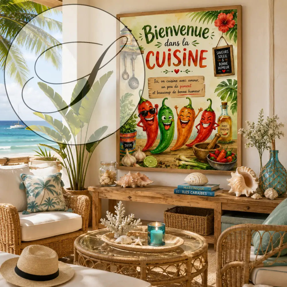 Affiche encadrée vibrante avec piments cartoon lunettes dans cuisine tropicale herbes épices texte bienvenue dans la cuisine