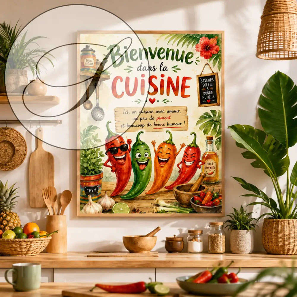 Affiche cuisine encadrée avec poivrons cartoon rouges, verts et orange souriants à lunettes de soleil