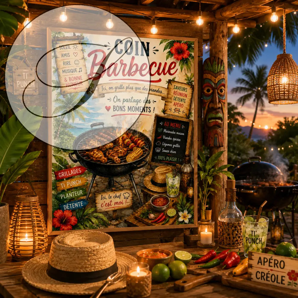 Un poster rustique à cadre en bois avec une scène barbecue colorée de viandes grillées maïs et fleurs tropicales rouges et vertes
