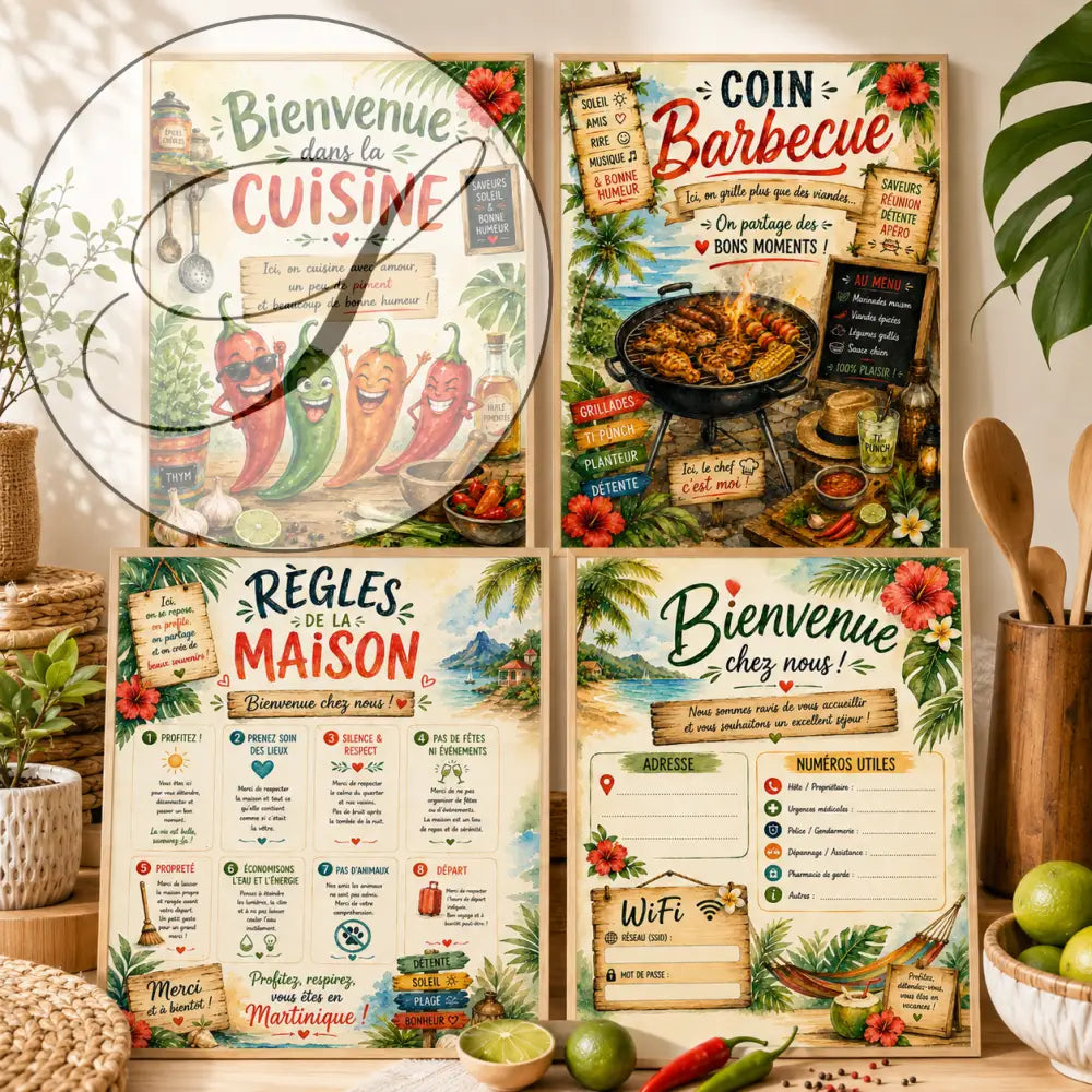 Quatre affiches encadrées de cuisine avec illustrations colorées de piments, barbecue et règles de la maison