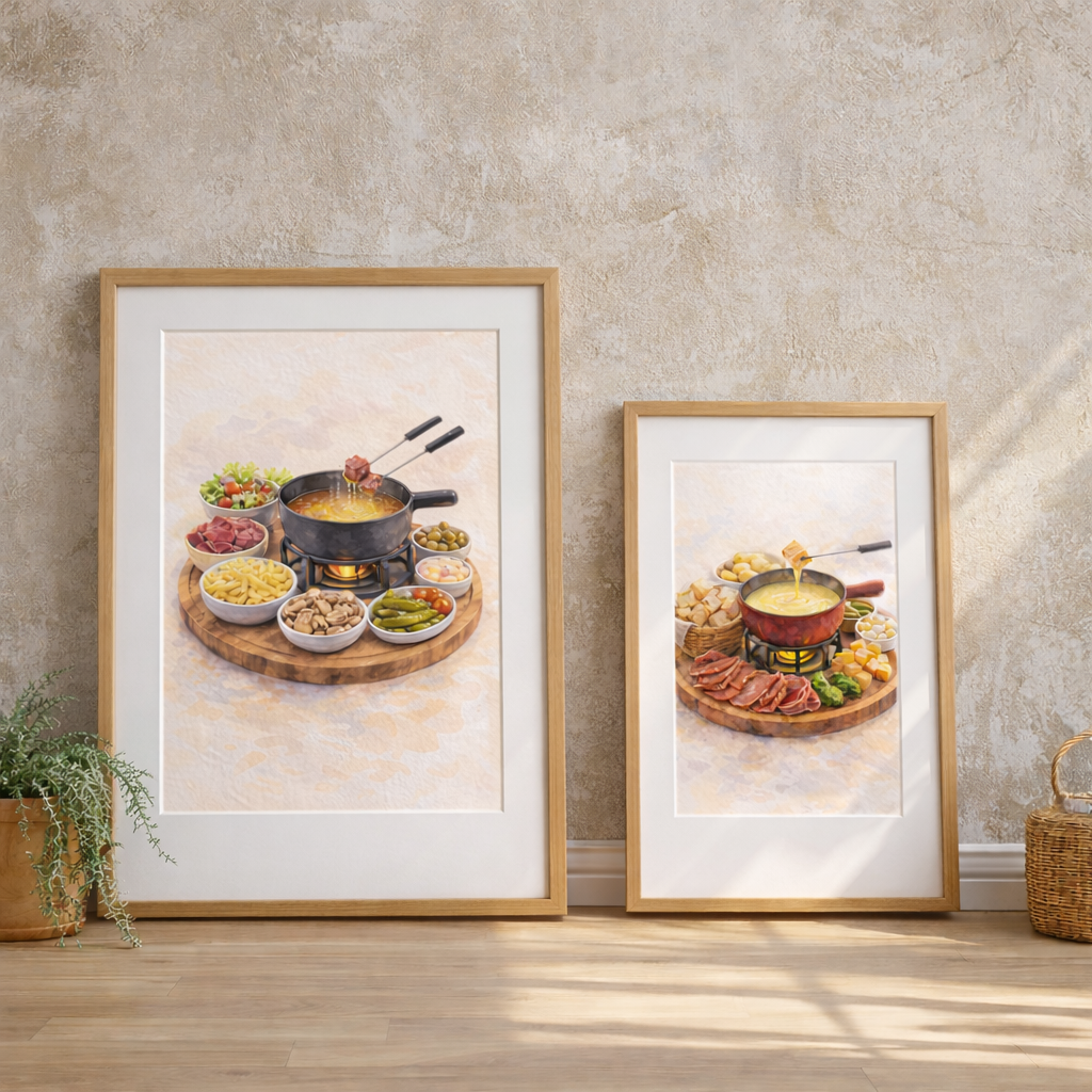Deux peintures aquarelle encadrées avec repas fondue en cadre bois clair et mat blanc pour décoration murale cuisine gourmande