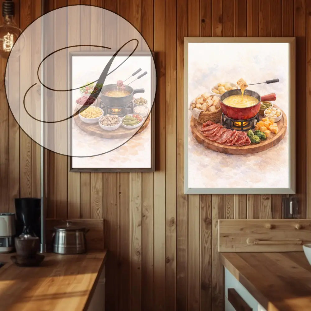 Deux peintures aquarelles encadrées représentant un fondue suisse avec pots au centre pour décoration murale cuisine art mural à imprimer