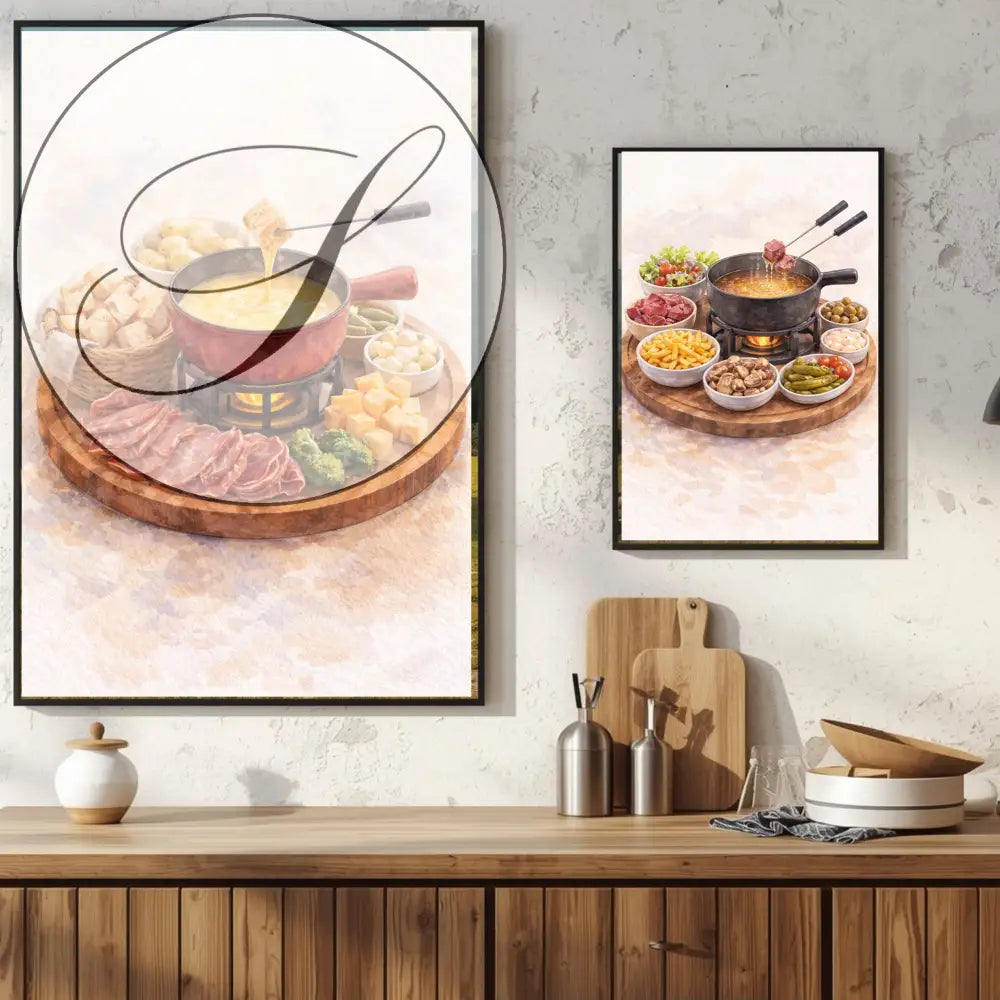 Affiche fondue suisse à imprimer avec pot rouge et poignée noire sur plateau bois décoration murale cuisine gourmande