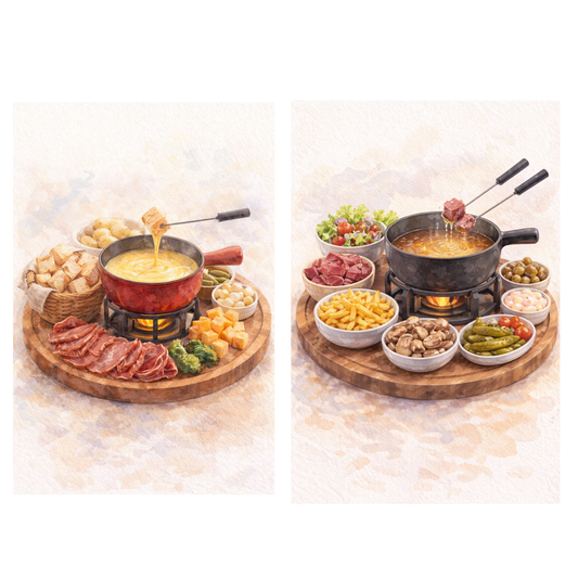 Affiche fondue suisse à imprimer avec pot rouge et décor fromages pour décoration murale cuisine gourmande art mural