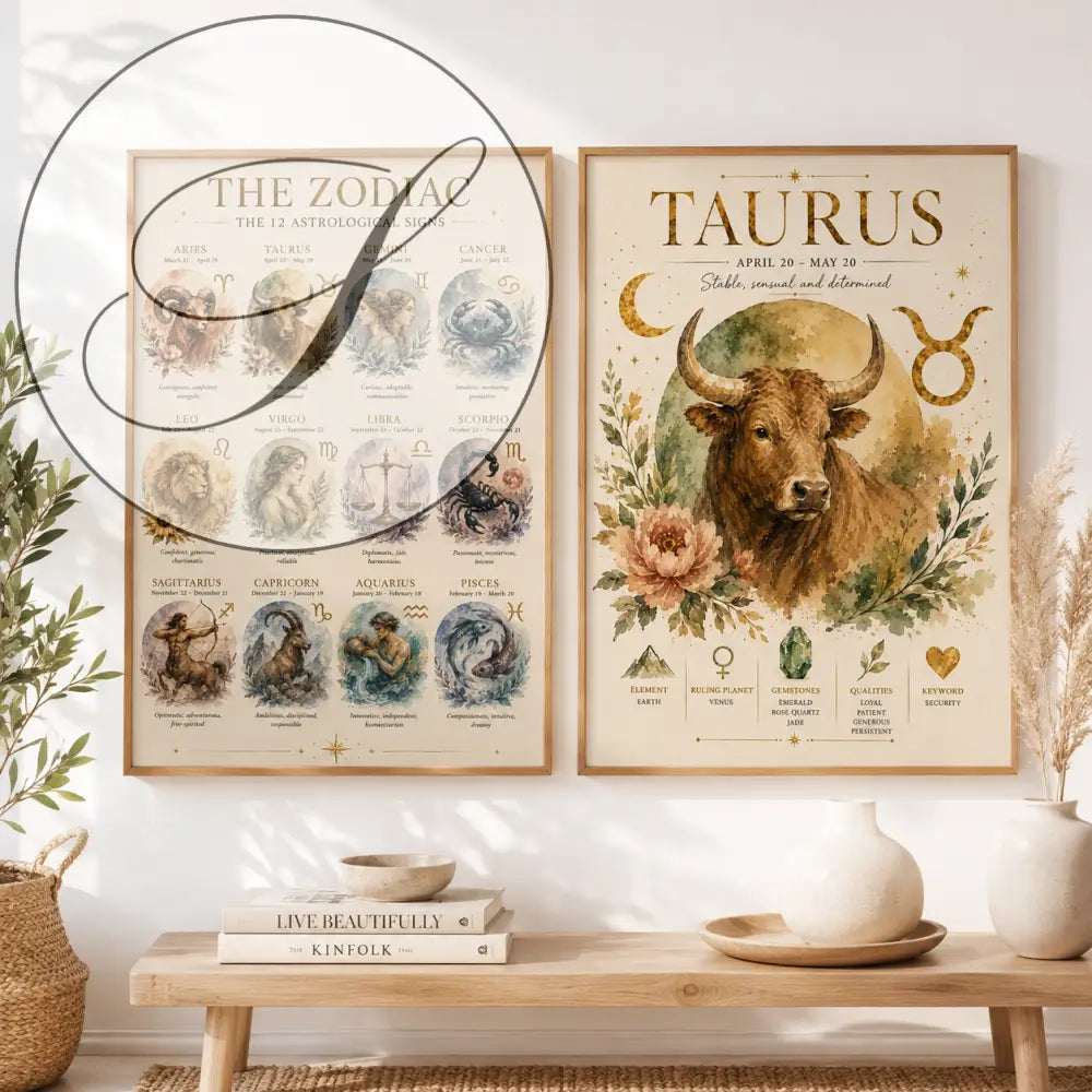 Affiche astrologie à imprimer avec illustration aquarelle détaillée du taureau marron entouré de fleurs et symboles astrologiques idéale cadeau anniversaire astrologie