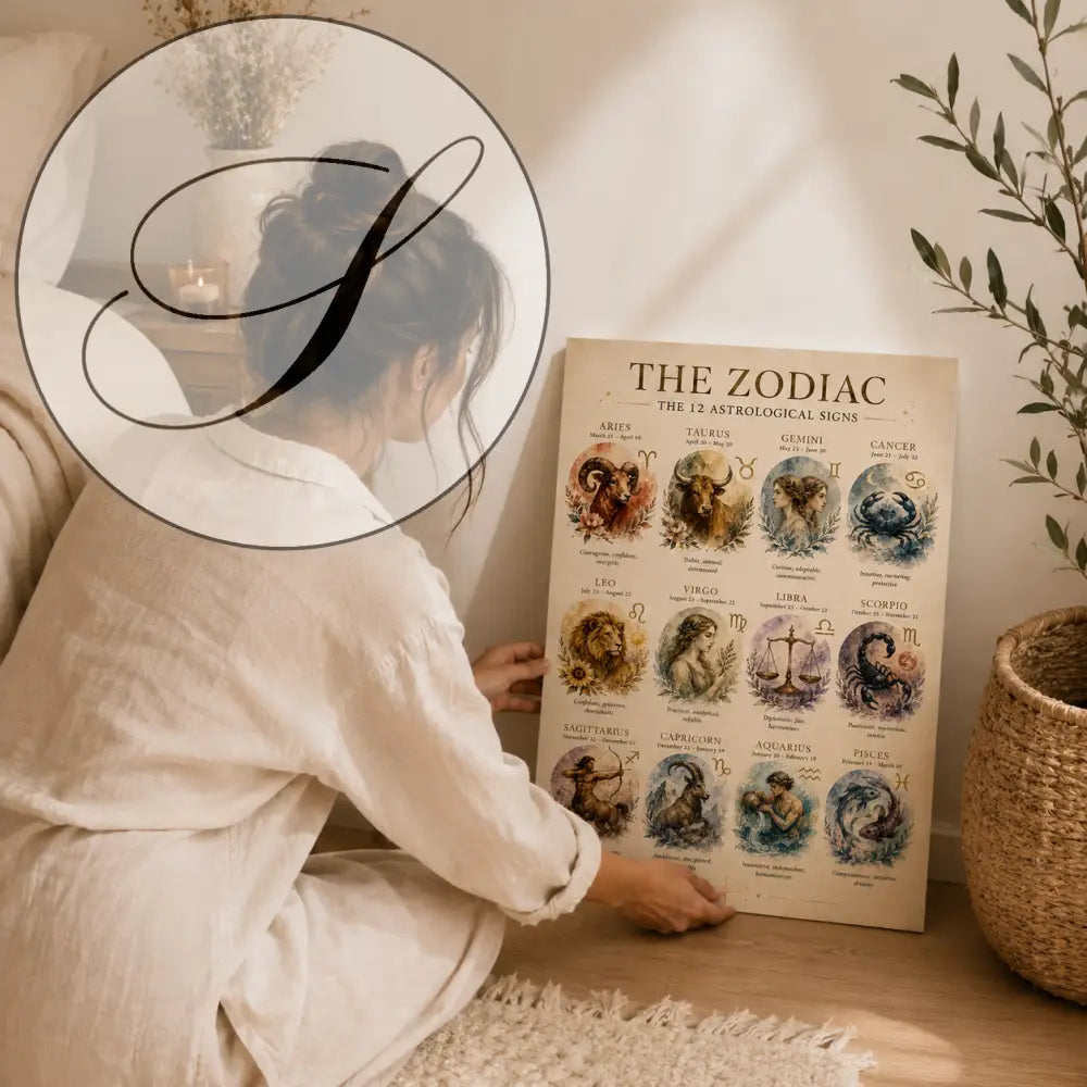 Affiche astrologie à imprimer vintage avec signes du zodiaque illustrés sur fond crème idéal cadeau anniversaire astrologie