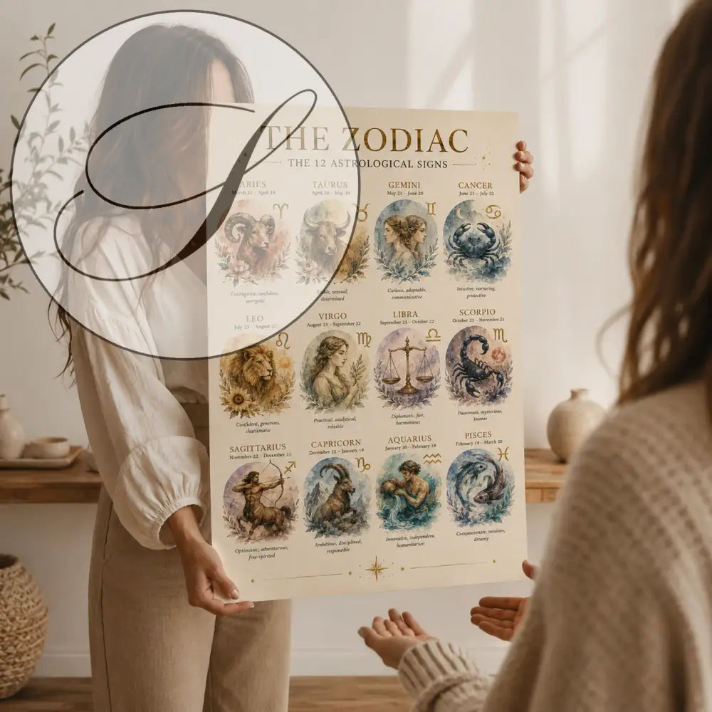 Affiche astrologie beige avec signes du zodiaque illustrés en aquarelle et lettres dorées idéale cadeau anniversaire astrologie