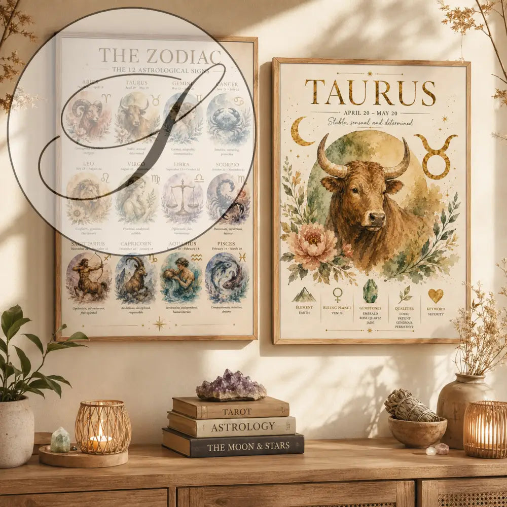 Affiche astrologie à imprimer taureau avec illustration aquarelle de taureau marron et éléments floraux idéale cadeau anniversaire astrologie