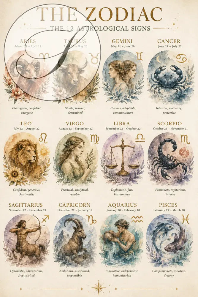 Affiche astrologie à imprimer avec illustration aquarelle des 12 signes du zodiaque sur fond crème cadeau anniversaire astrologie