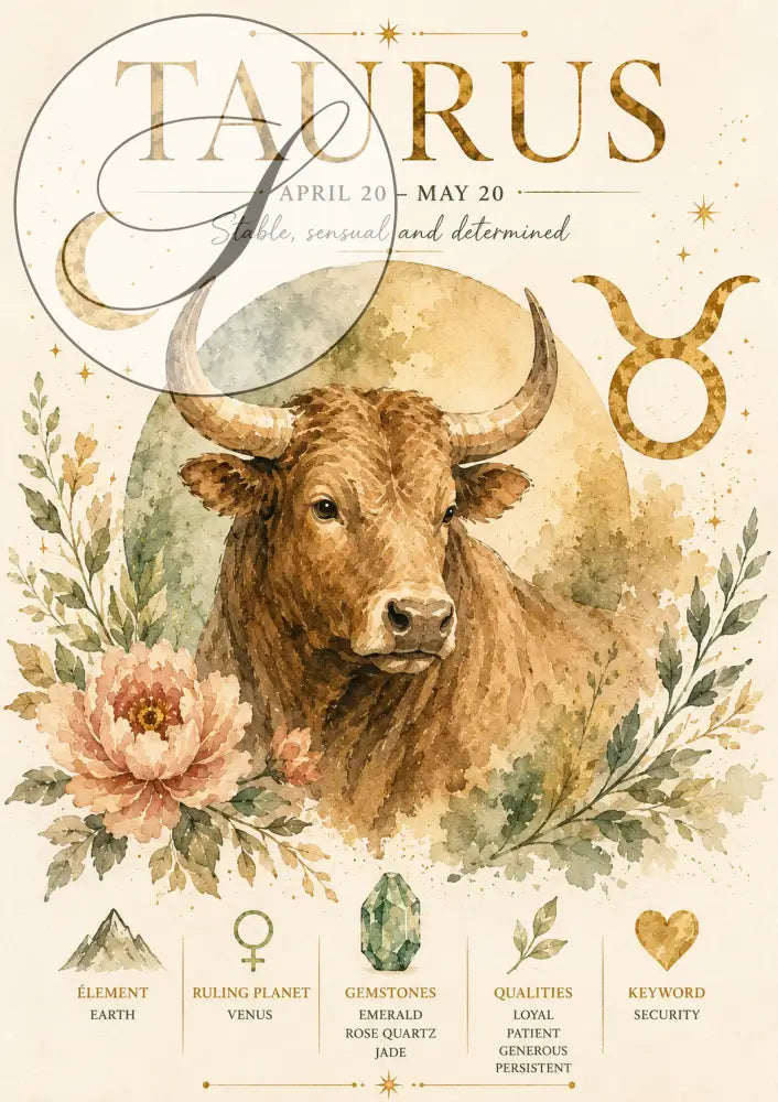Affiche astrologie à imprimer avec illustration aquarelle taureau marron ornée de symboles et fleurs, cadeau anniversaire astrologie