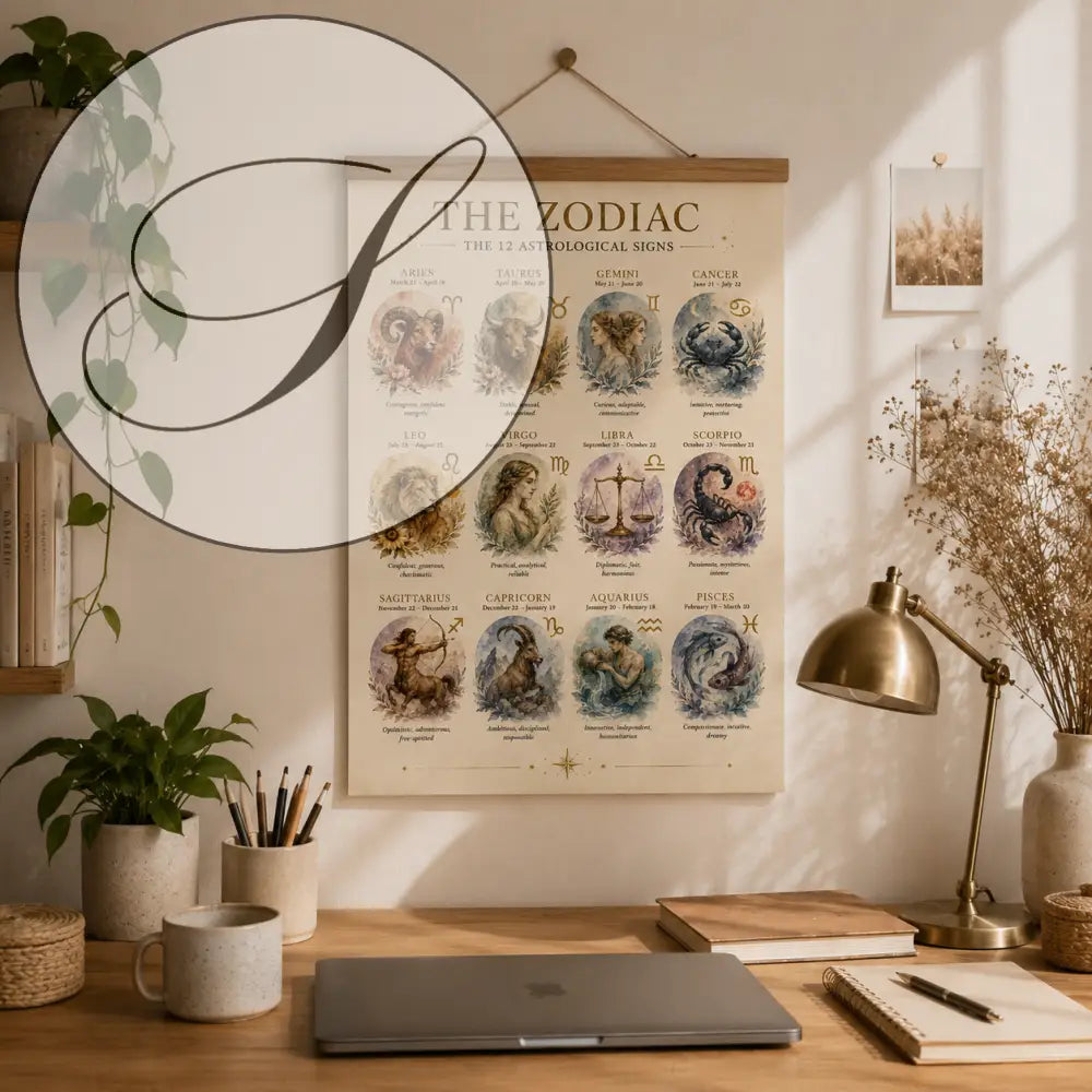 Affiche astrologie vintage à imprimer avec signes du zodiaque illustrés sur fond crème encadrée bois cadeau anniversaire astrologie