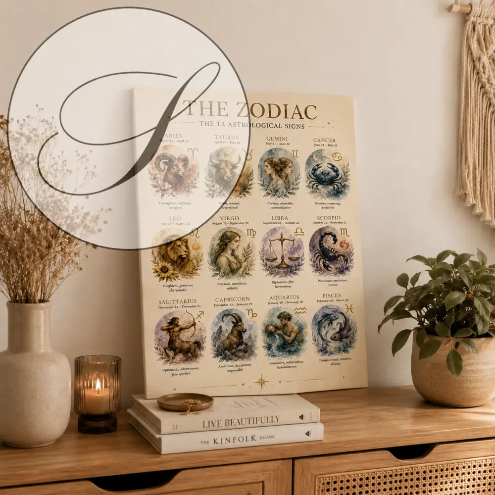 Affiche astrologie beige en toile avec 12 signes du zodiaque style vintage idéale cadeau anniversaire astrologie à imprimer