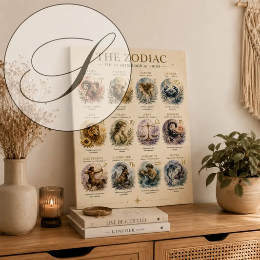 Affiche astrologie beige en toile avec 12 signes du zodiaque style vintage idéale cadeau anniversaire astrologie à imprimer
