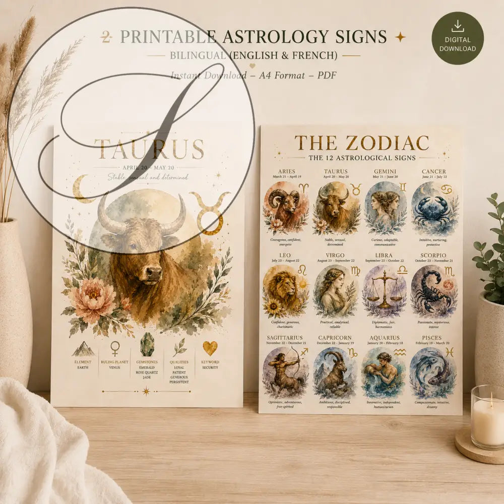 Affiche astrologie taurus à imprimer avec illustration taureau marron et motifs floraux célestes sur fond beige