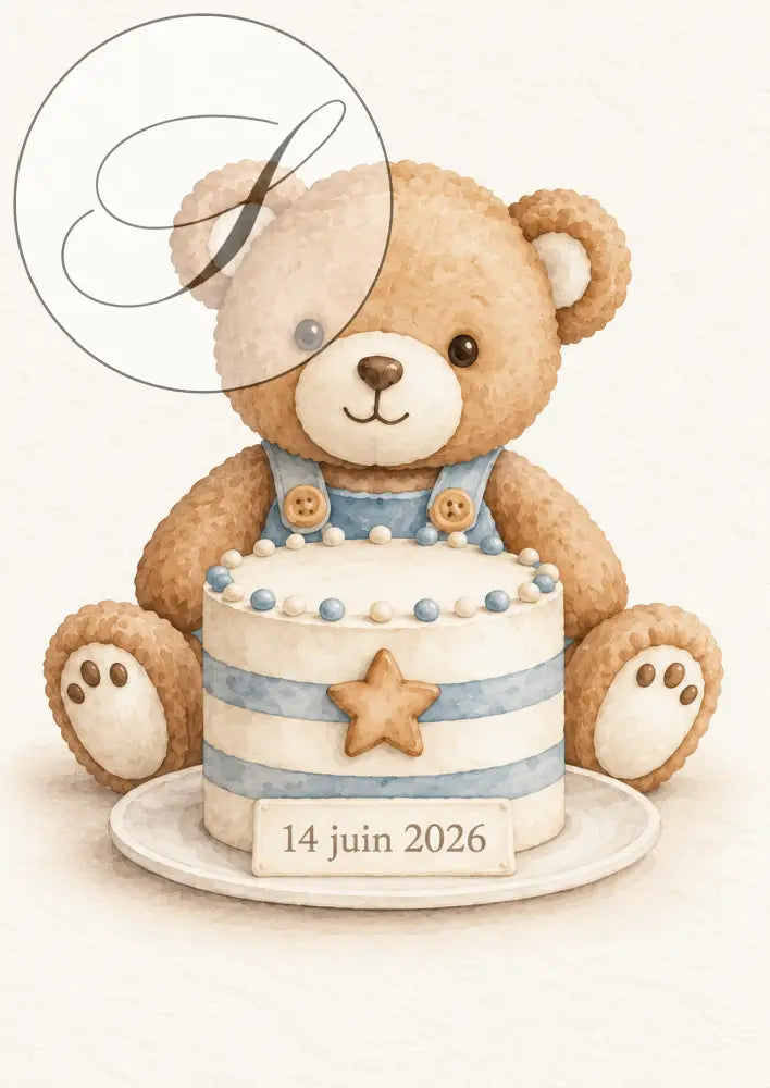 Cadeau naissance personnalisé : affiche ourson en salopette bleue derrière un gâteau rayé avec la date de naissance