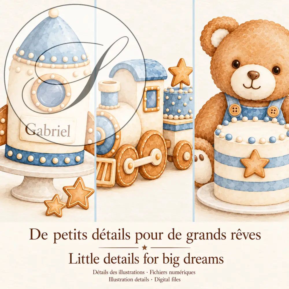 Cadeau naissance garçon : détails des affiches fusée, petit train et ourson aux tons bleu et biscuit