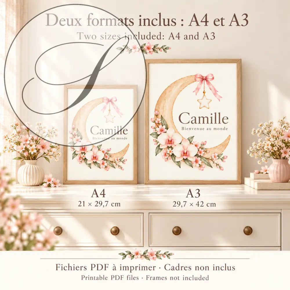 Cadeau naissance à imprimer : affiches prénom lune en formats A4 21 x 29,7 cm et A3 29,7 x 42 cm