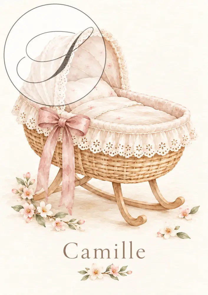 Cadeau naissance personnalisé : affiche berceau en osier à dentelle et nœud rose avec le prénom de bébé