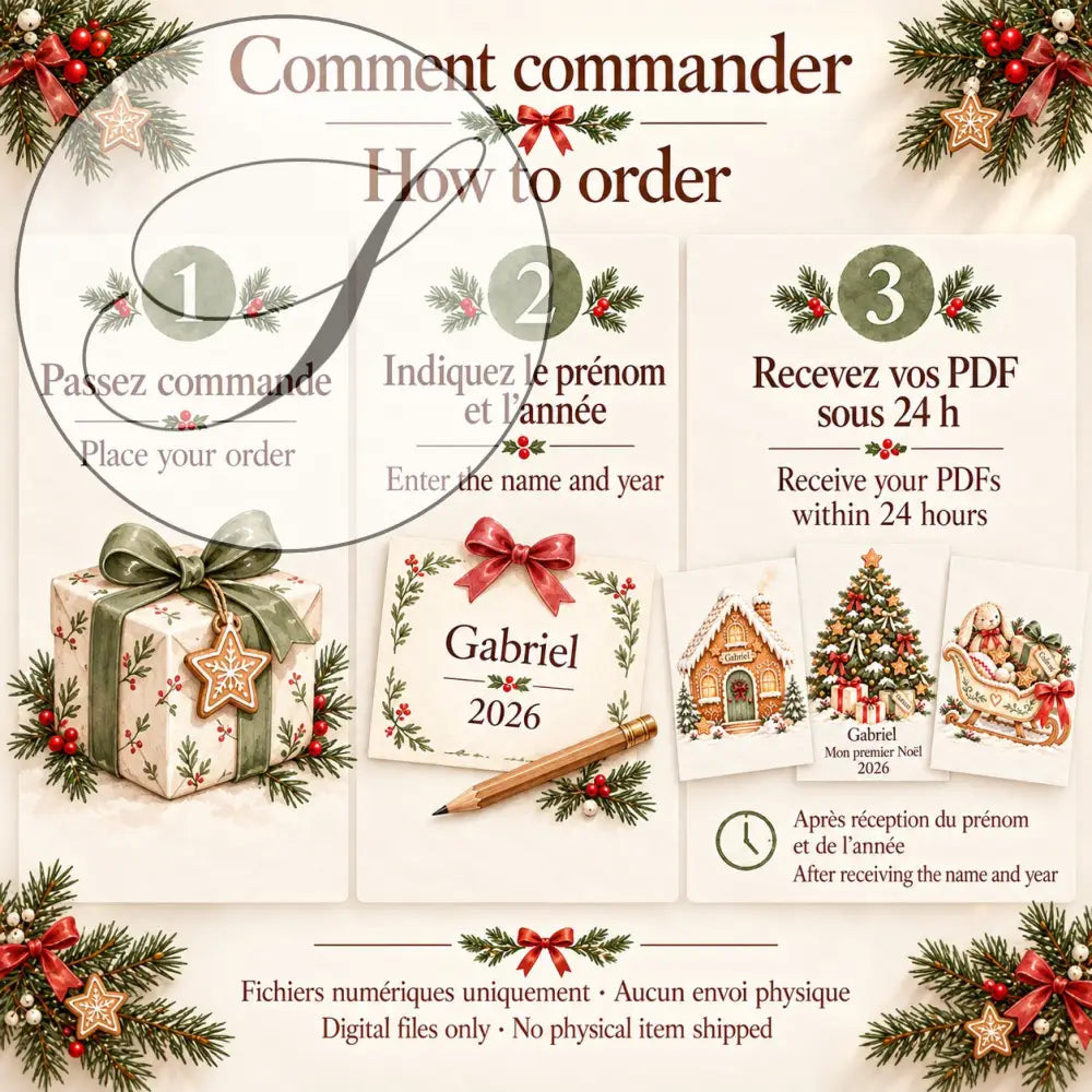 Cadeau premier Noël bébé personnalisé, comment commander : prénom et année, fichiers PDF reçus sous 24 h