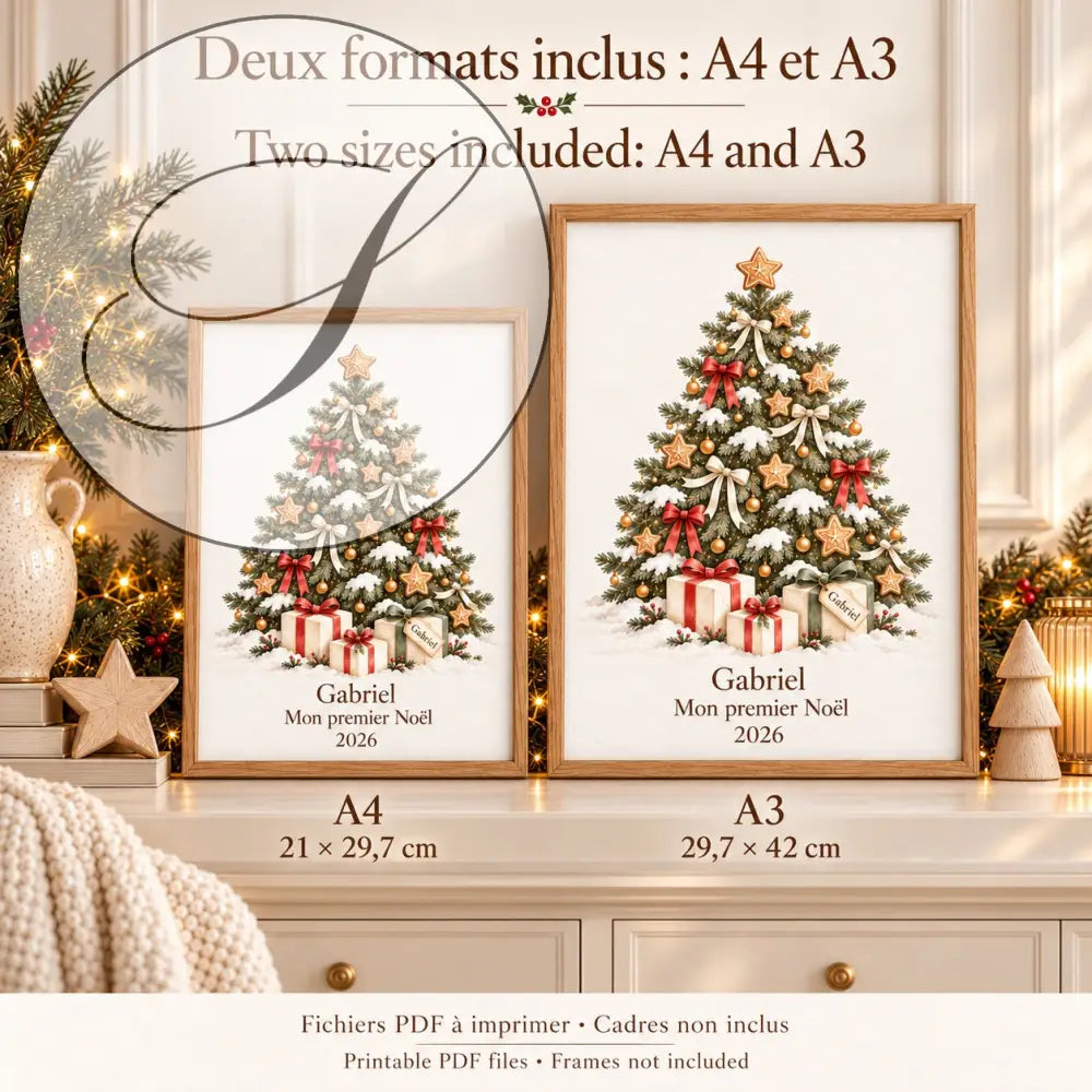 Cadeau premier Noël bébé à imprimer : affiche sapin au prénom en formats A4 21 x 29,7 cm et A3 29,7 x 42 cm