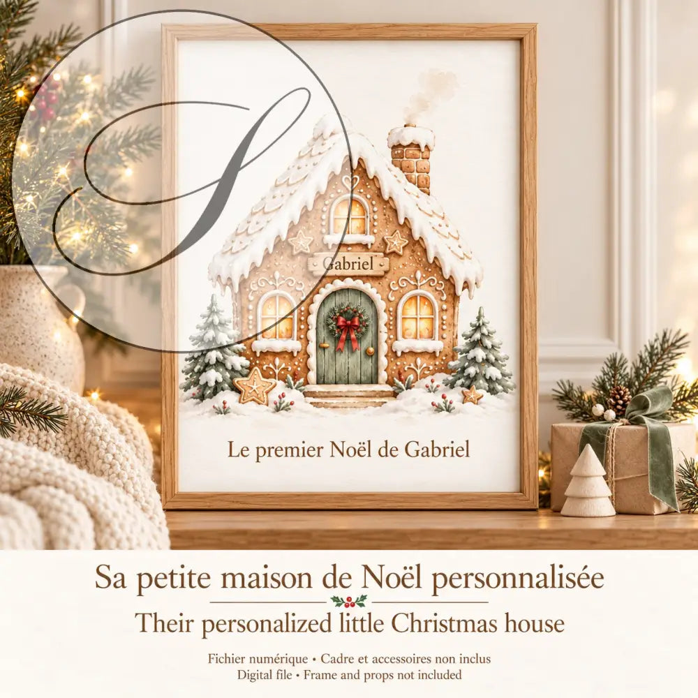 Cadeau premier Noël bébé : sa petite maison de Noël personnalisée, affiche encadrée près d'un sapin