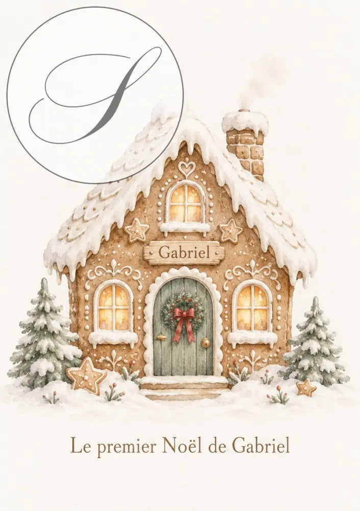 Cadeau premier Noël bébé : affiche maison en pain d'épices enneigée, Le premier Noël de, avec le prénom de bébé