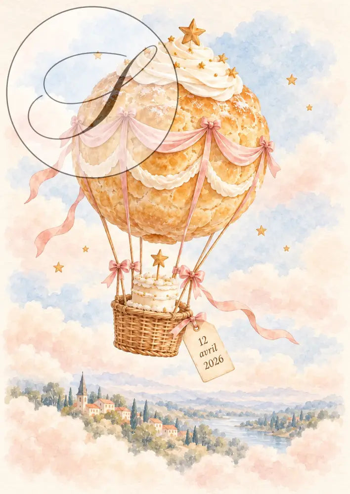 Cadeau naissance personnalisé : affiche montgolfière en pâte à choux avec rubans roses et étiquette date de naissance