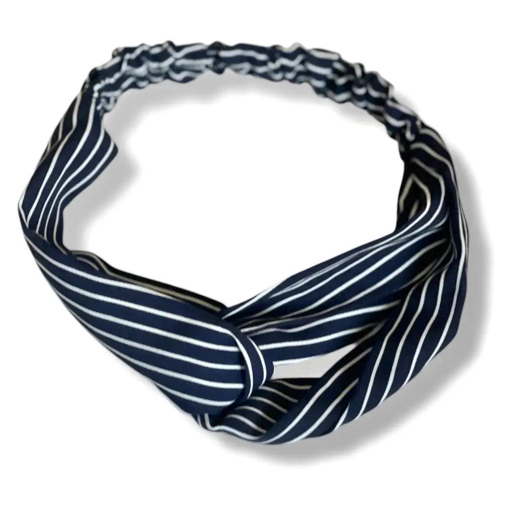 Bandeau cheveux bleu marine rayé en satin pour femme élégant