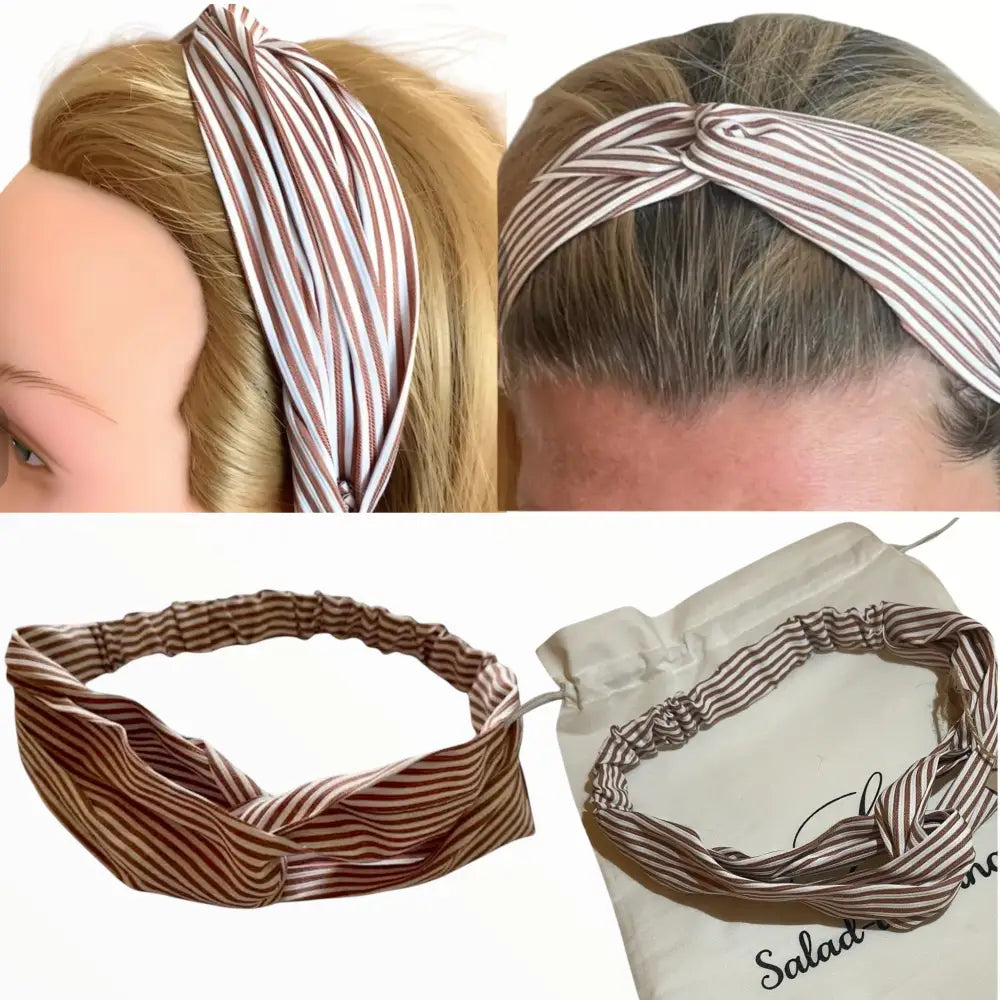 Bandeau pour cheveux rayé marron et blanc avec élastique intégré pour un maintien parfait.