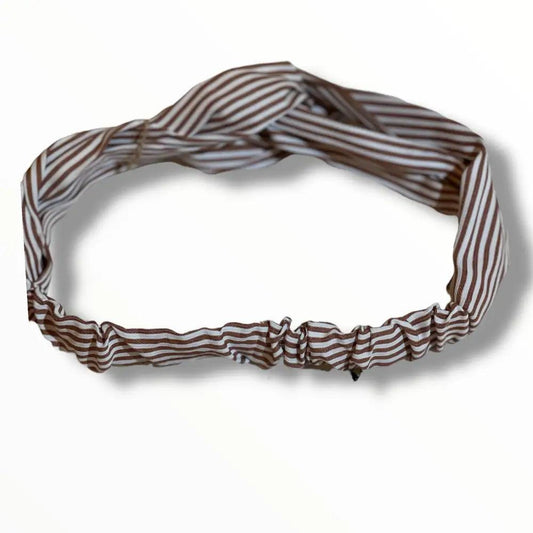 Bandeau cheveux élégant rayé en coton marron et blanc, confortable pour toutes occasions.