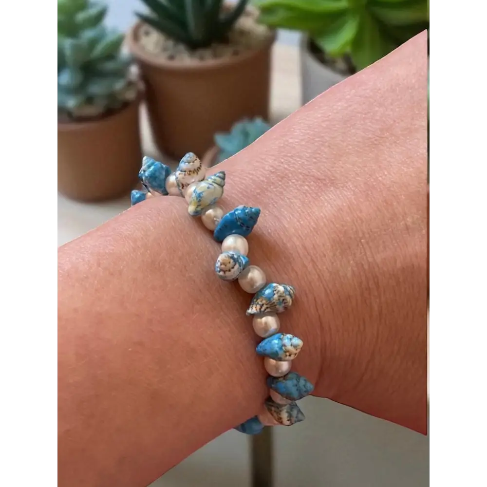 Bracelet Coquillage Bleu Turquoise – Perles Élastique pour Femme