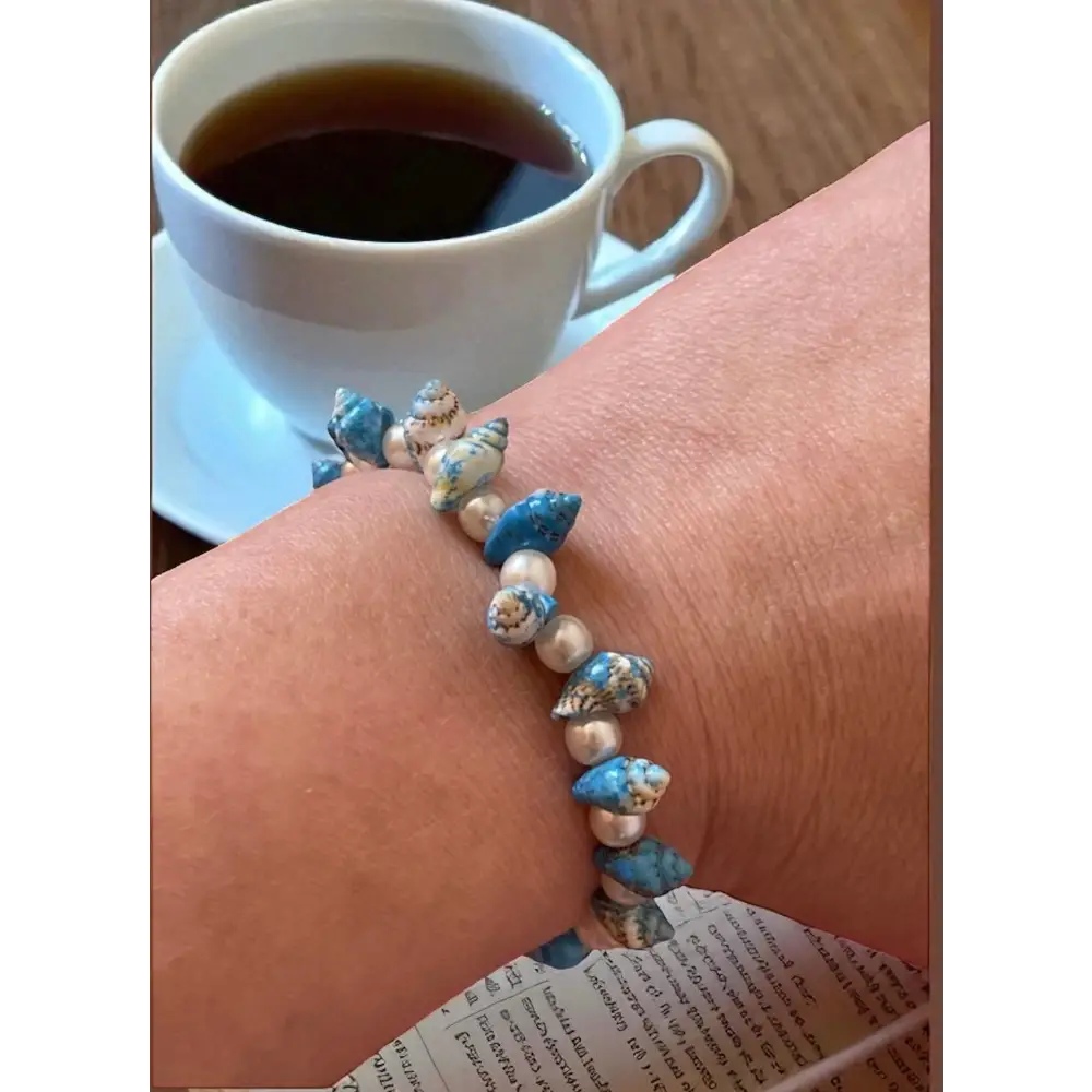 Bracelet Coquillage Bleu Turquoise – Perles Élastique pour Femme