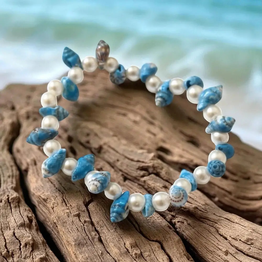 Bracelet Coquillage Bleu Turquoise – Perles Élastique pour Femme