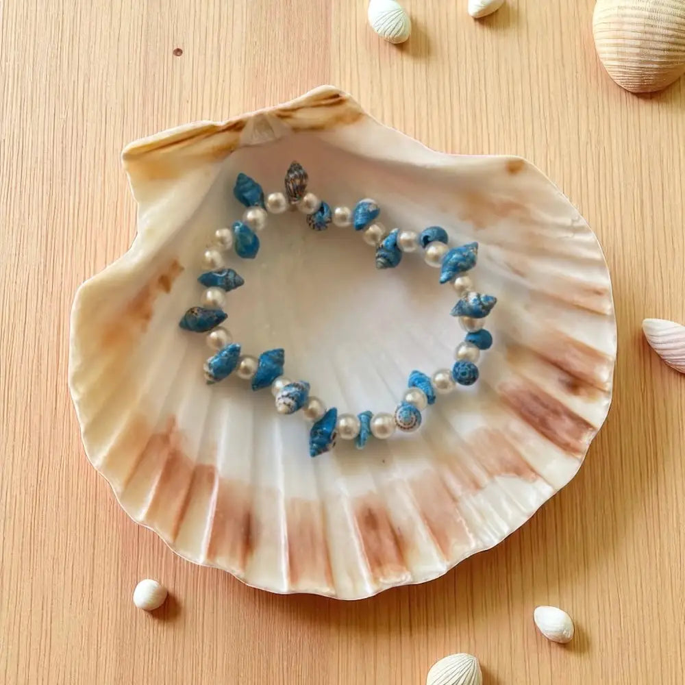 Bracelet Coquillage Bleu Turquoise – Perles Élastique pour Femme
