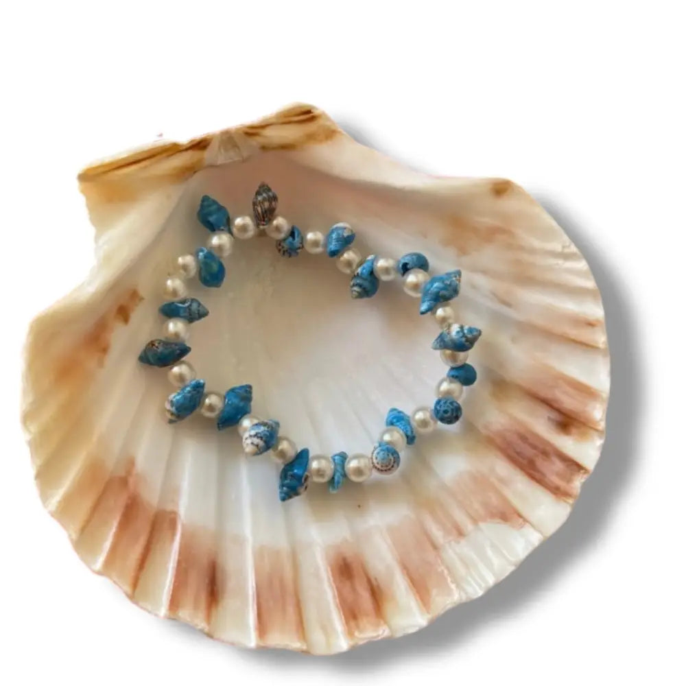 Bracelet Coquillage Bleu Turquoise – Perles Élastique pour Femme