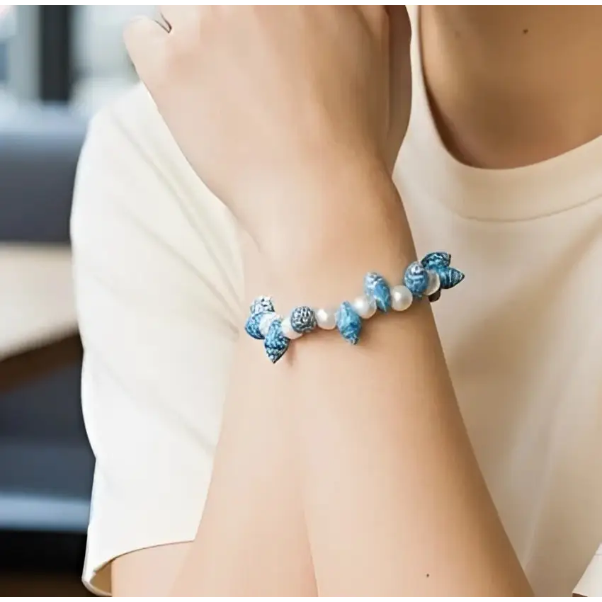 Bracelet Coquillage Bleu Turquoise – Perles Élastique pour Femme