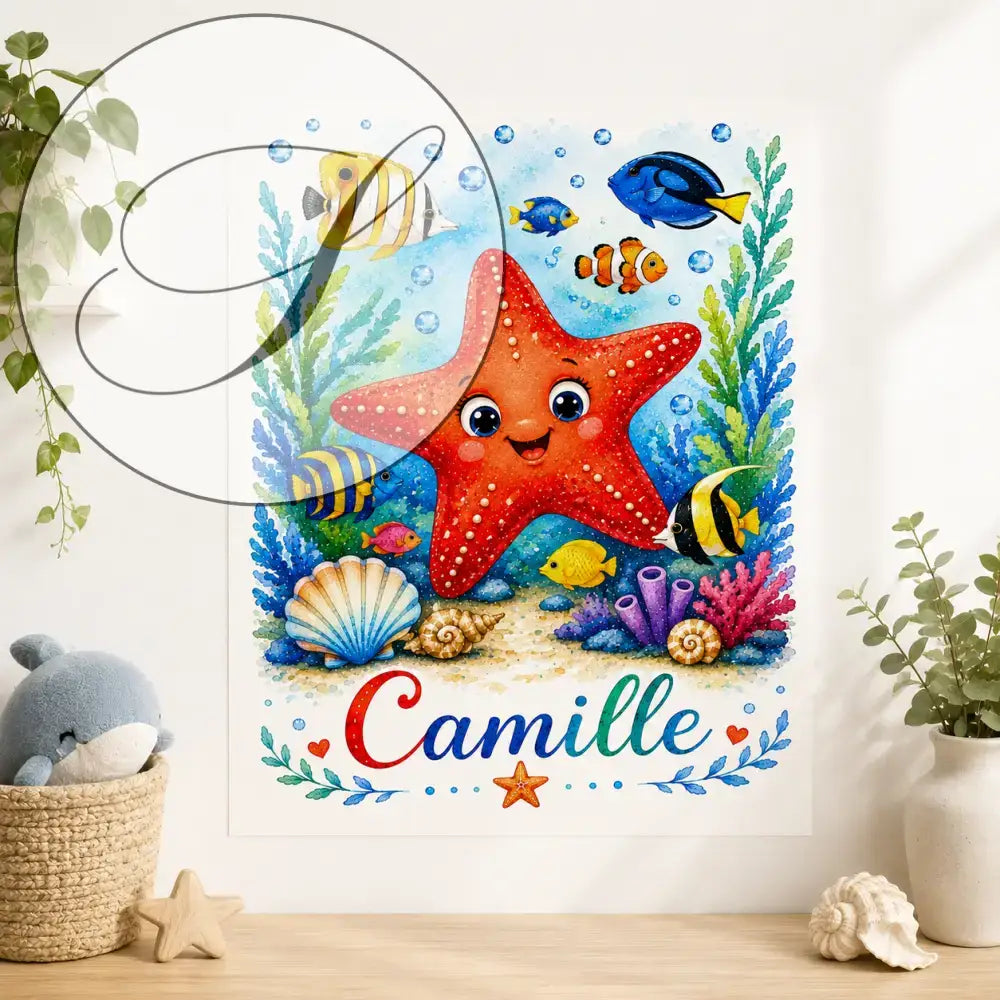 Affiche cadeau naissance personnalisée prénom avec étoile de mer rouge cartoon pour décoration murale bébé