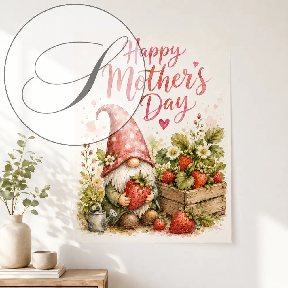 Affiche murale à télécharger cadeau fête décor gnome rose fleurs crate bois cadeau fete de mere original