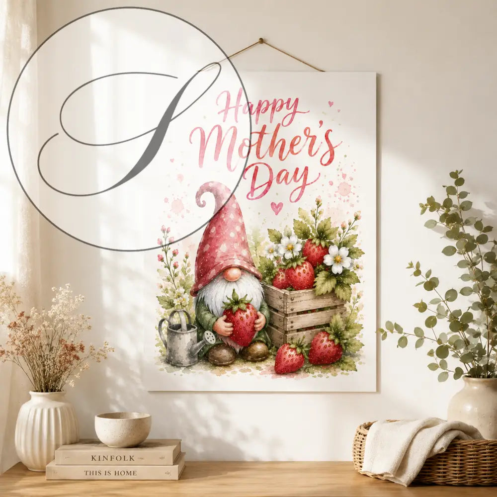 Affiche murale à télécharger avec un gnome blanc au chapeau rouge et fraises idéale cadeau fete de mere original