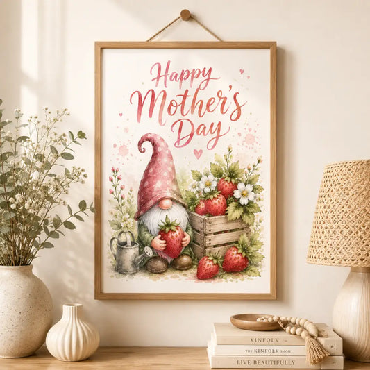 Affiche murale Ă tĂ©lĂ©charger cadeau fĂȘte avec cadre en bois et gnome rose tenant des fraises pour cadeau fete de mere