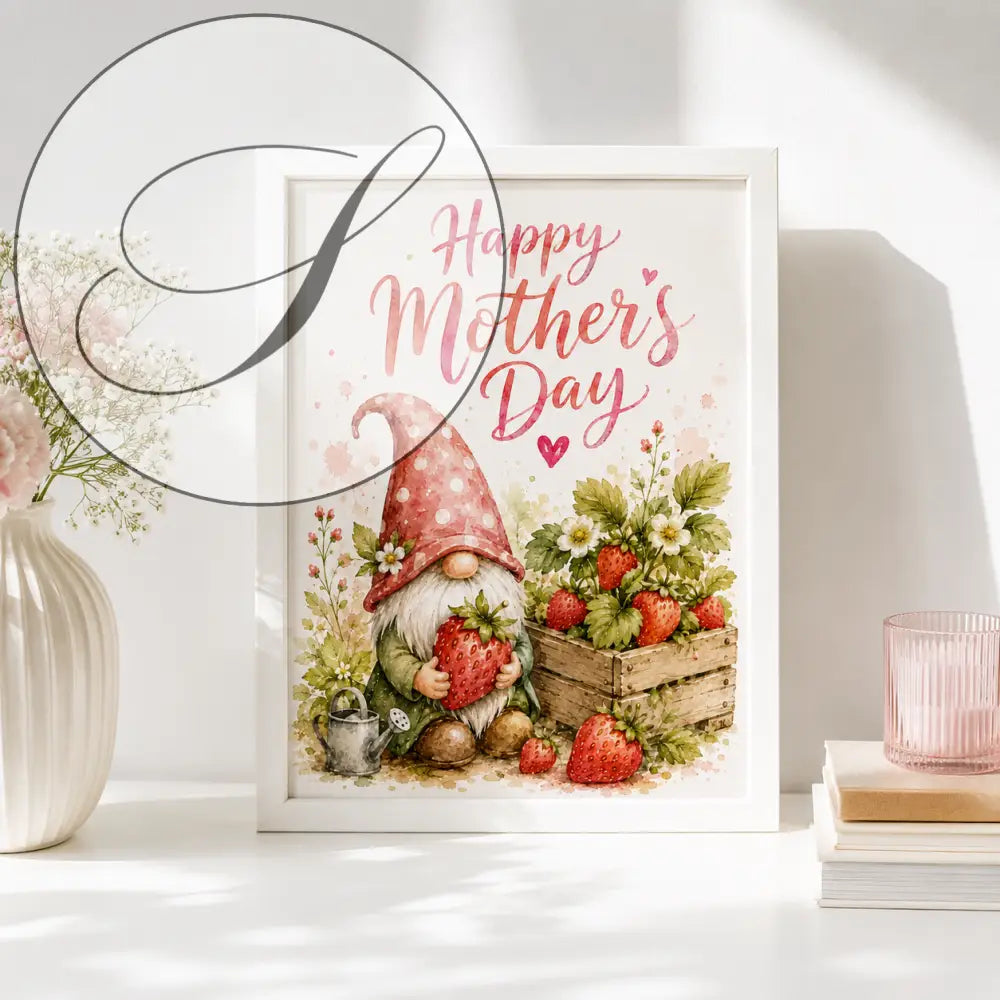 Affiche murale à télécharger avec illustration gnome au chapeau rouge et fraises pour fête des mères