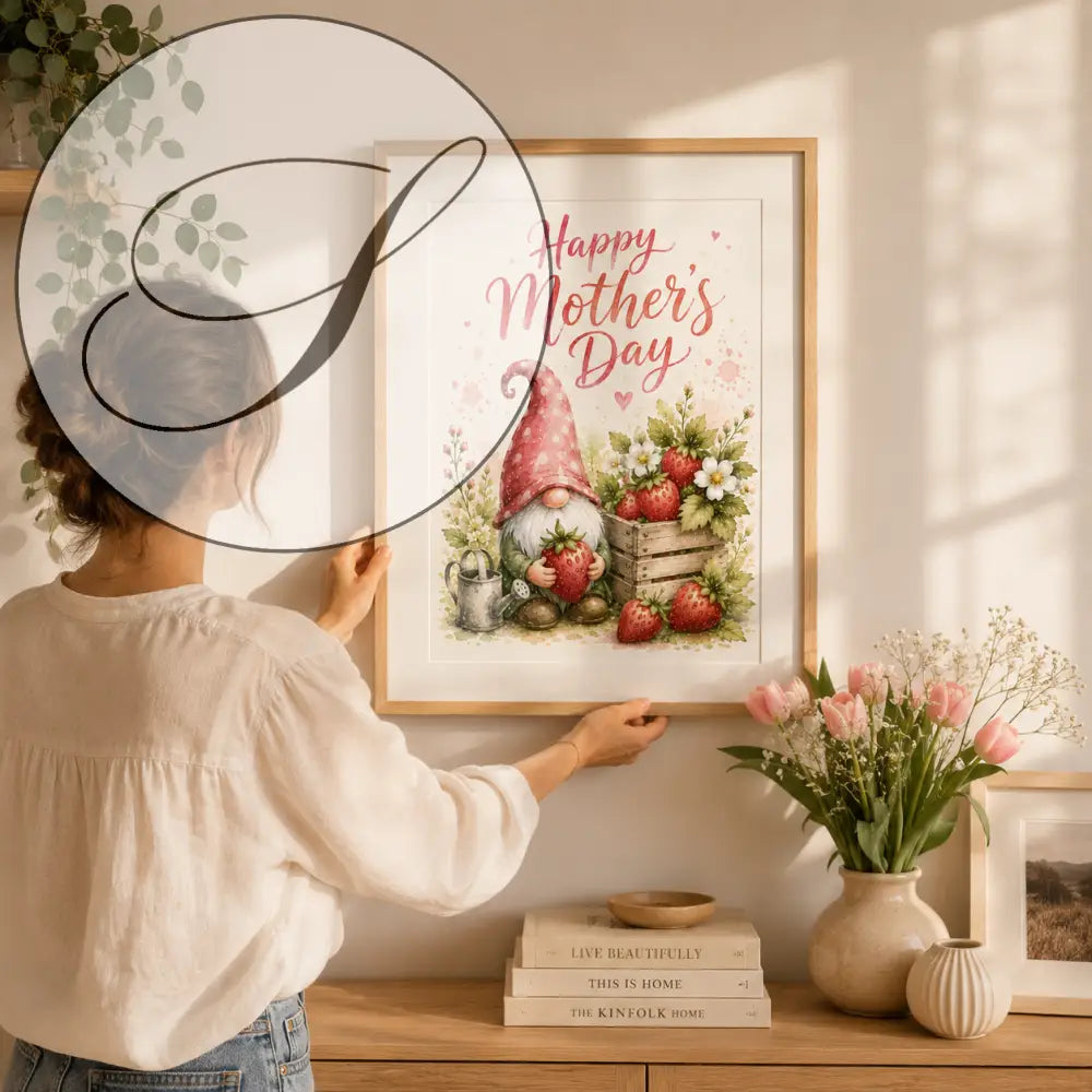 Affiche murale à télécharger cadeau fête avec illustration gnome rose et fraises dans cadre bois rustique pastel