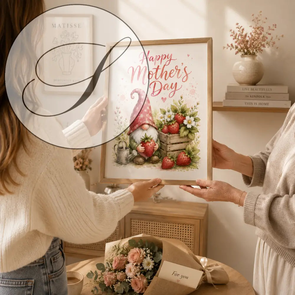 Affiche murale à télécharger cadeau fête avec un gnome rose tenant des fraises parmi des baies et feuillage décoratif
