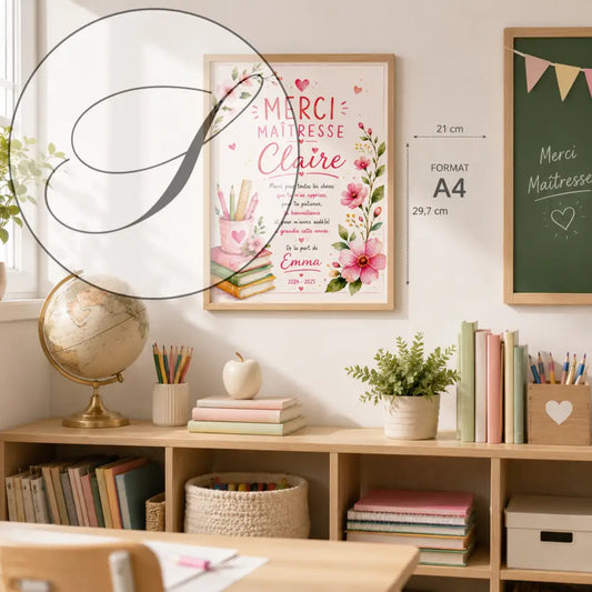 A4 encadré avec design floral rose et vert merci maîtresse claire en lettrage élégant produit hhh