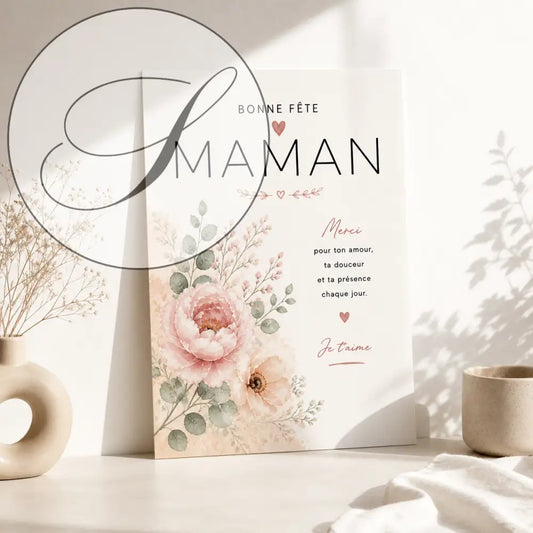 Affiche personnalisée fête des mères avec illustration délicate de pivoine rose et texte élégants cadeau maman original