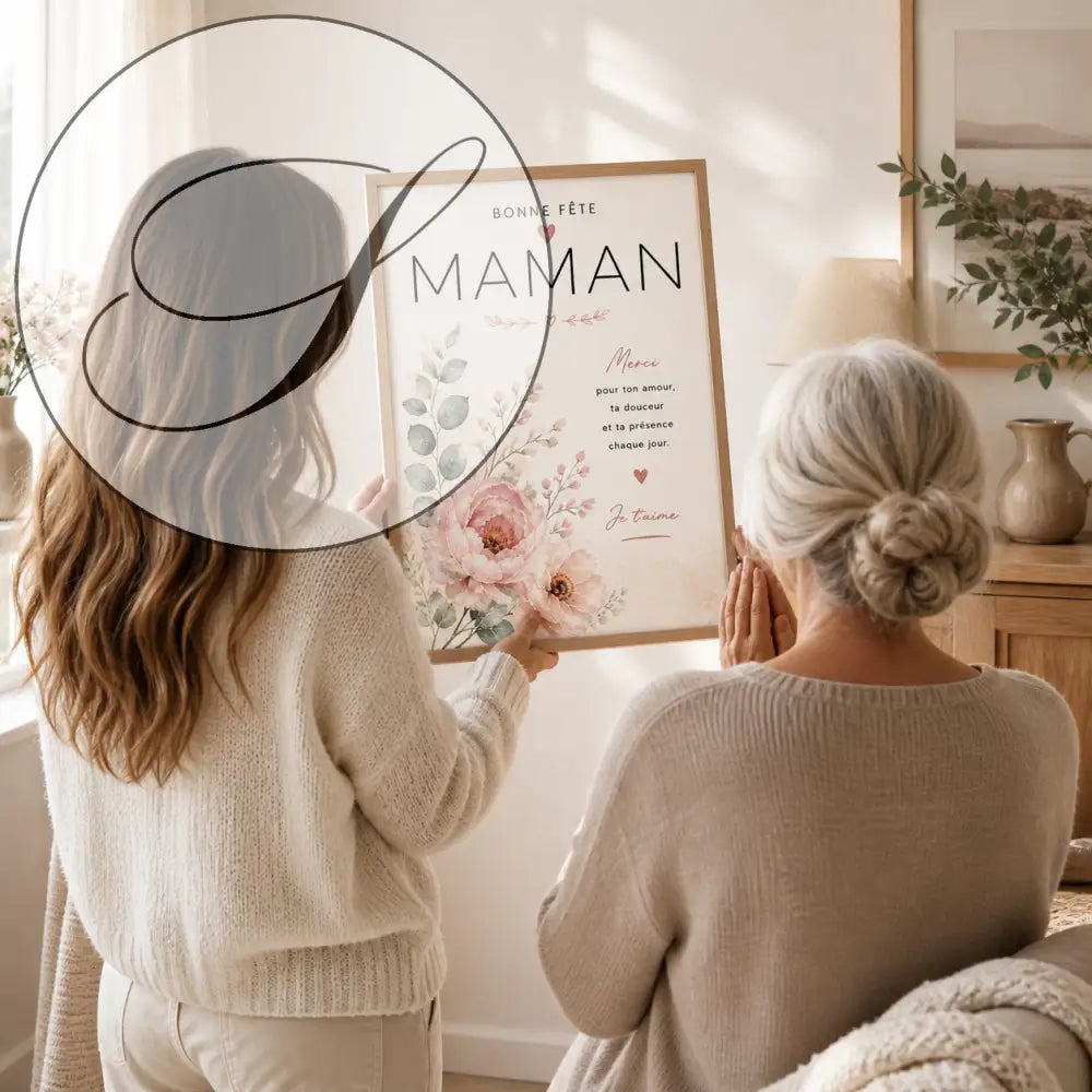 Affiche personnalisée fête des mères avec texte bonne fête maman et fleurs roses en cadeau maman original à imprimer