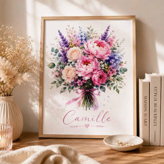 Affiche personnalisée prénom avec bouquet floral aquarelle rose violet bleu -cadeau maman